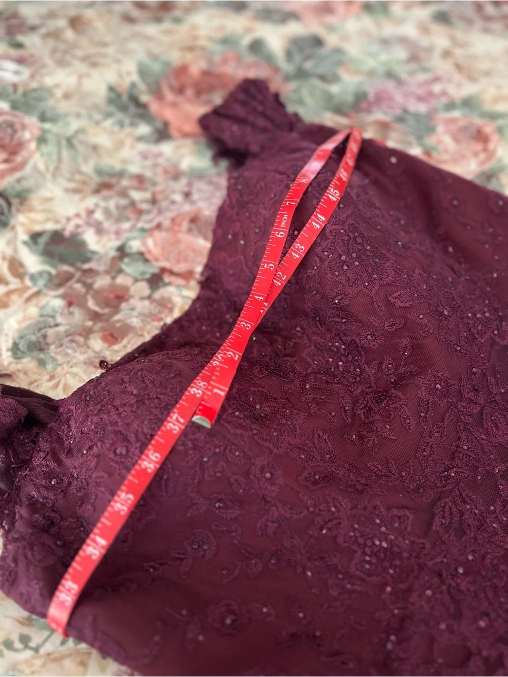Montage by Mon Cheri Deep Burgundy Lace Maxi Gown